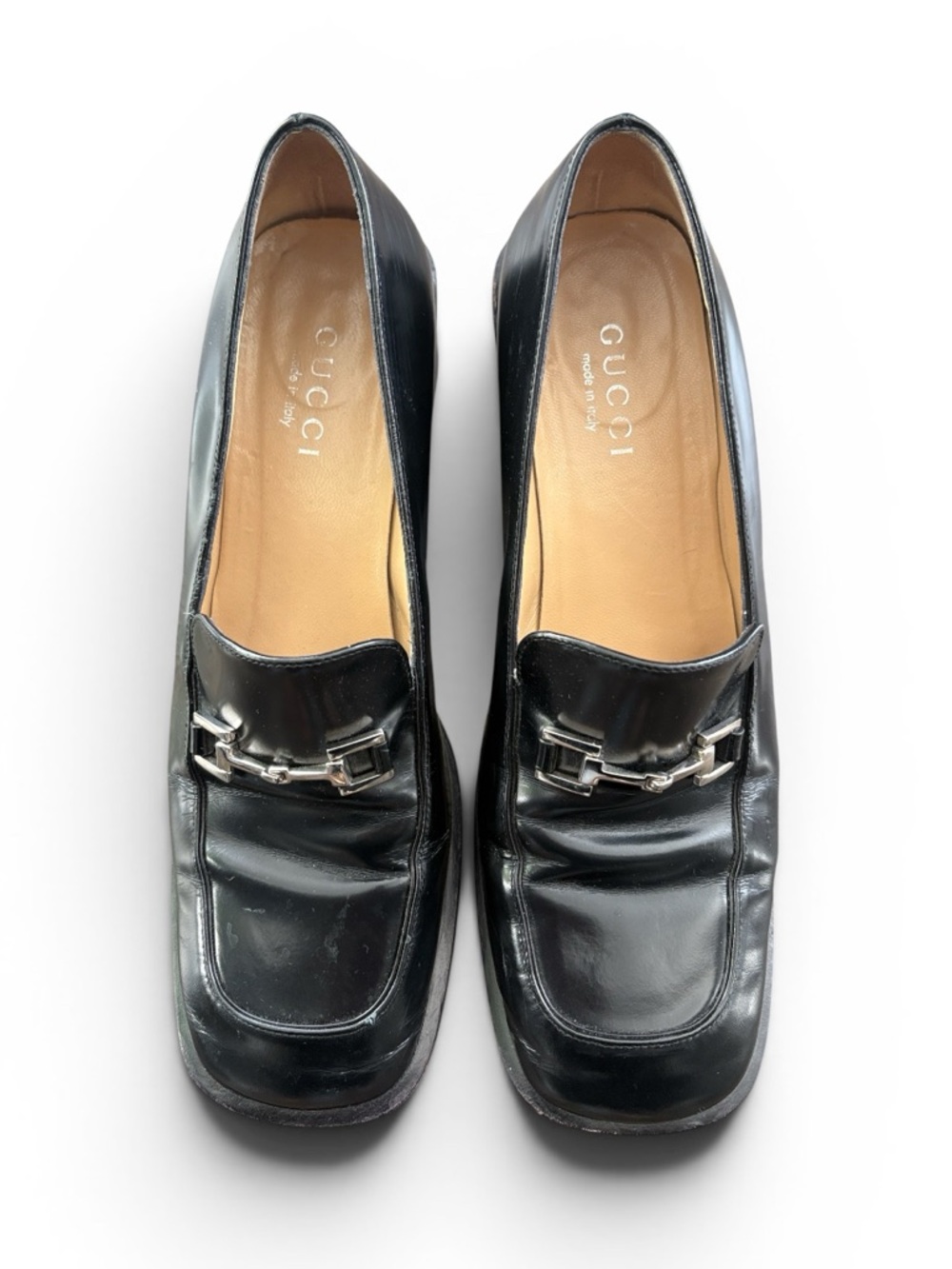 Vintage Gucci Leather Loafers Block Heels Black with Silver Horsebit Detail 9B
